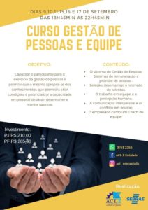 CURSO GESTÃO DE PESSOAS E EQUIPES ACONTECERÁ EM OUTUBRO, NA ACI-E